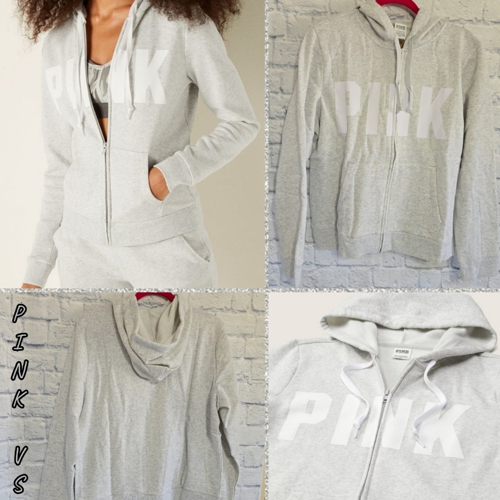 PINK Victoria's Secret Heather Gray Full‑Zip Hoodie with White Logo